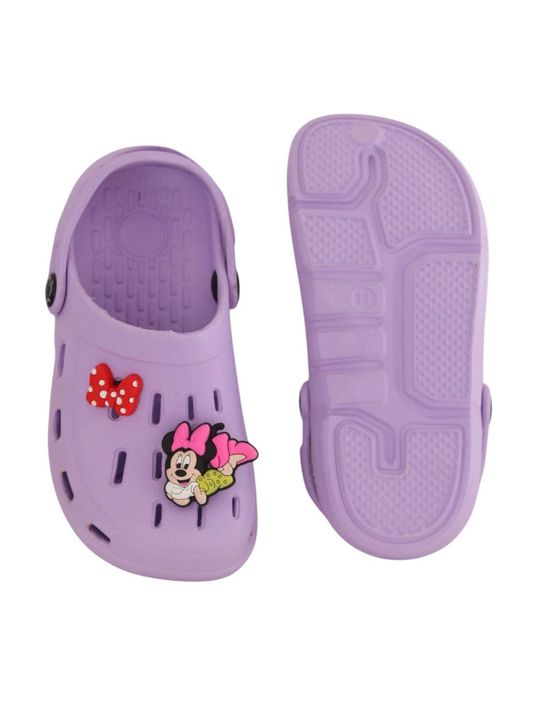 Yellow Bee Girls' Disney Minnie Mouse Clogs with Bow and Rotating 3D Charms- Purple-Front and back View 