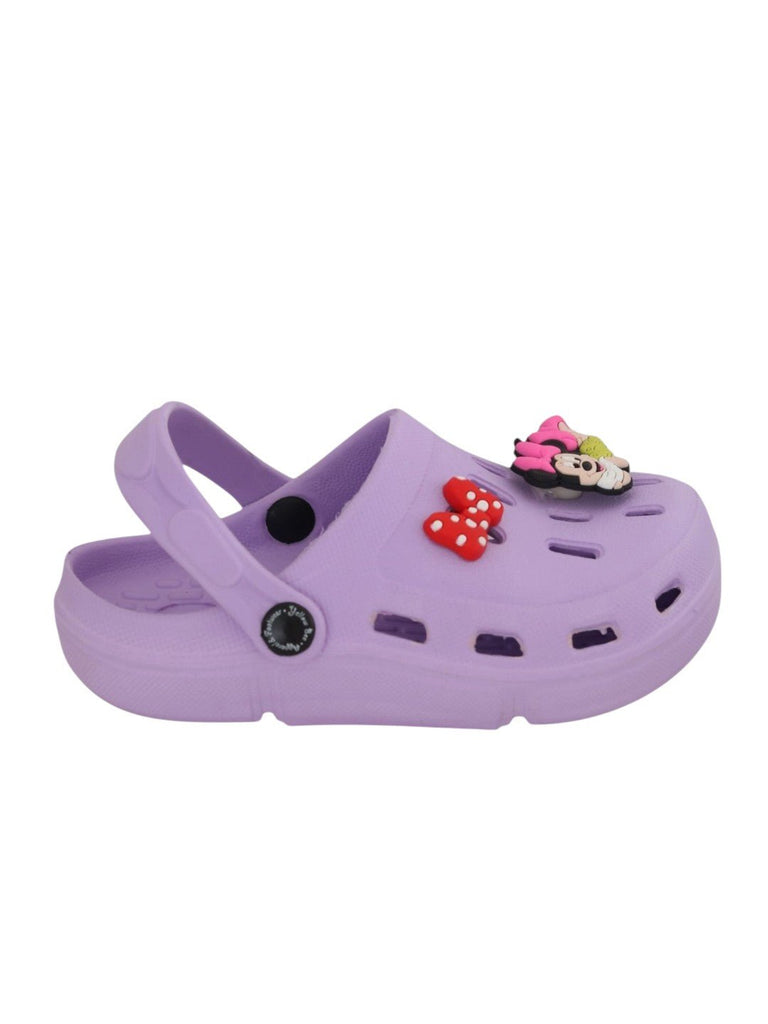 Yellow Bee Girls' Disney Minnie Mouse Clogs with Bow and Rotating 3D Charms- Purple-Side View