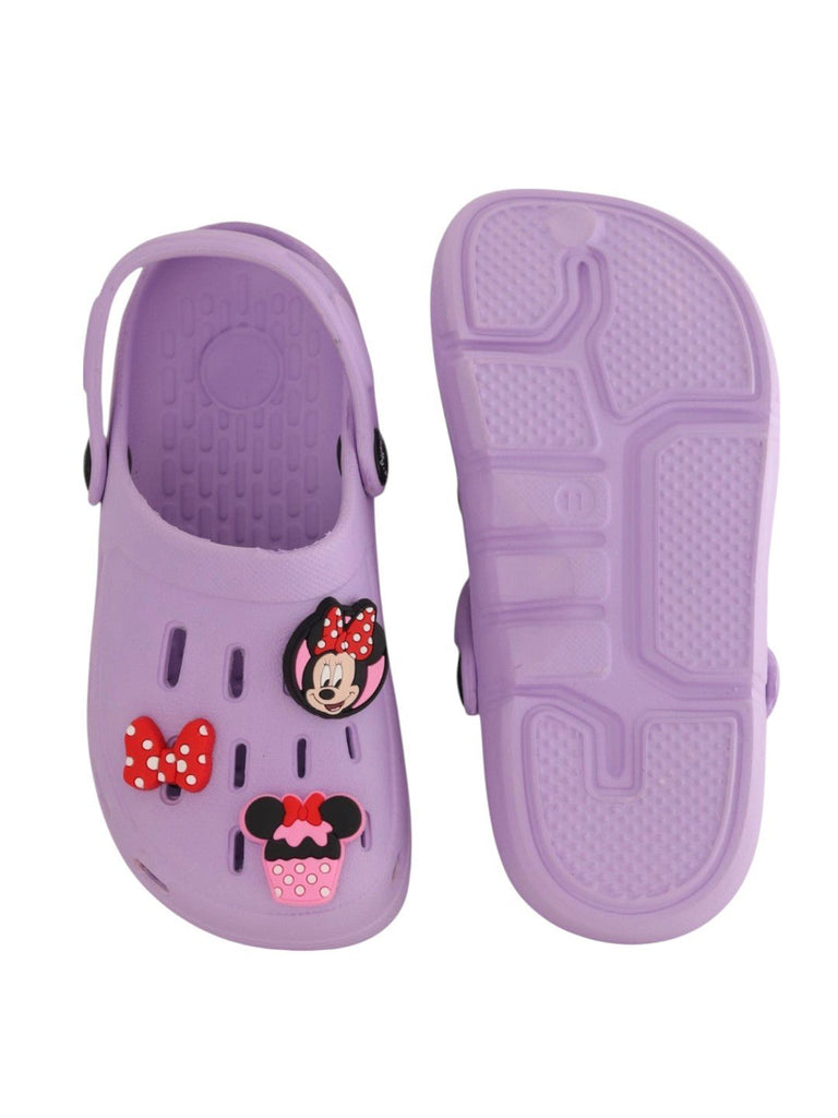 Yellow Bee Girls’ Disney Minnie Mouse Clogs with Bow & Cupcake Charms – Purple-Front & Back View