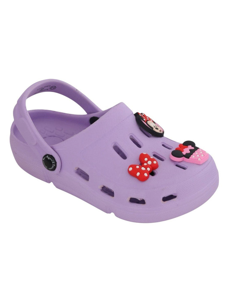 Yellow Bee Girls’ Disney Minnie Mouse Clogs with Bow & Cupcake Charms – Purple-Angle View