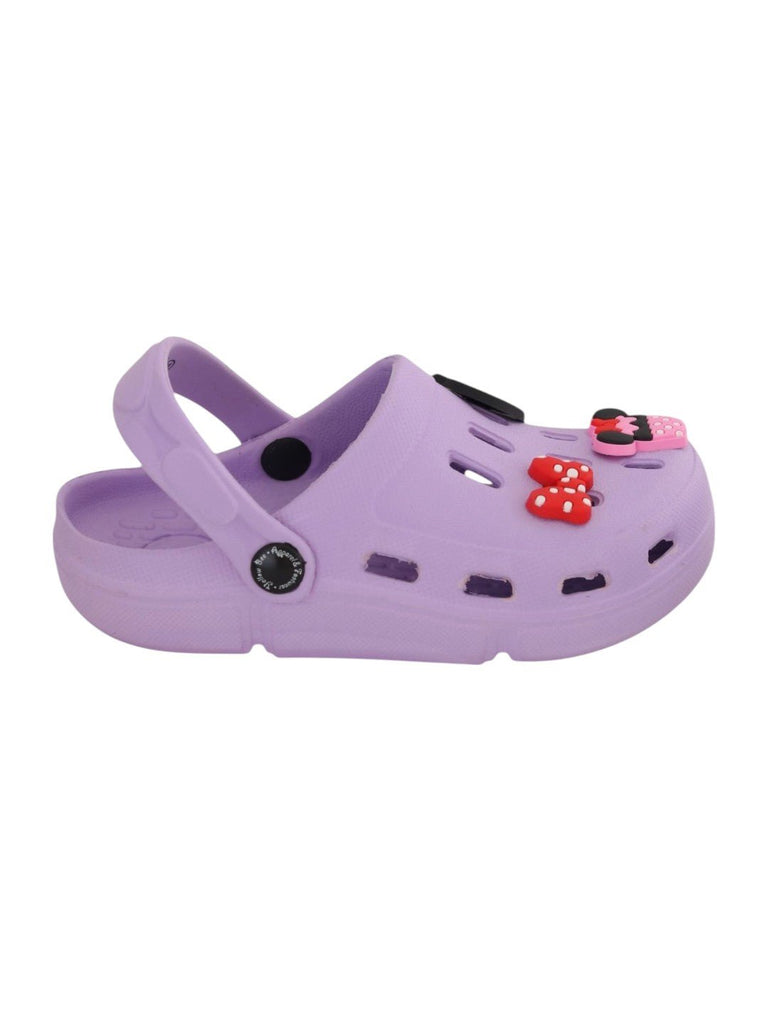 Yellow Bee Girls’ Disney Minnie Mouse Clogs with Bow & Cupcake Charms – Purple-Side View