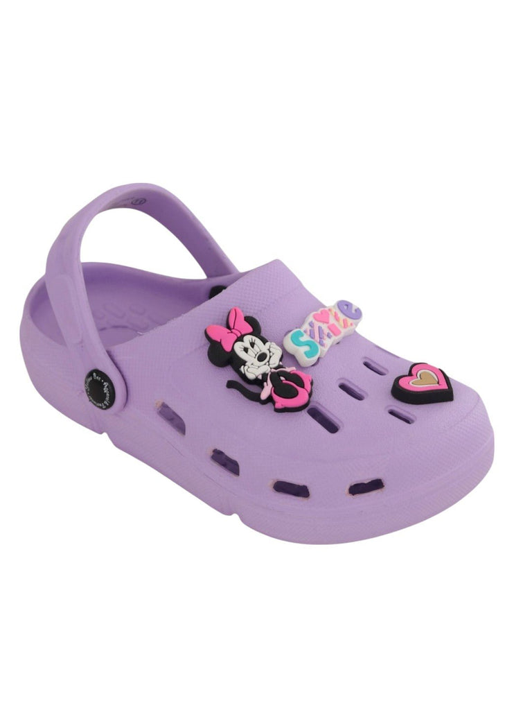 Yellow Bee Girls’ Disney Minnie Mouse Clogs with Smile & Heart Charms – Purple-Angle view