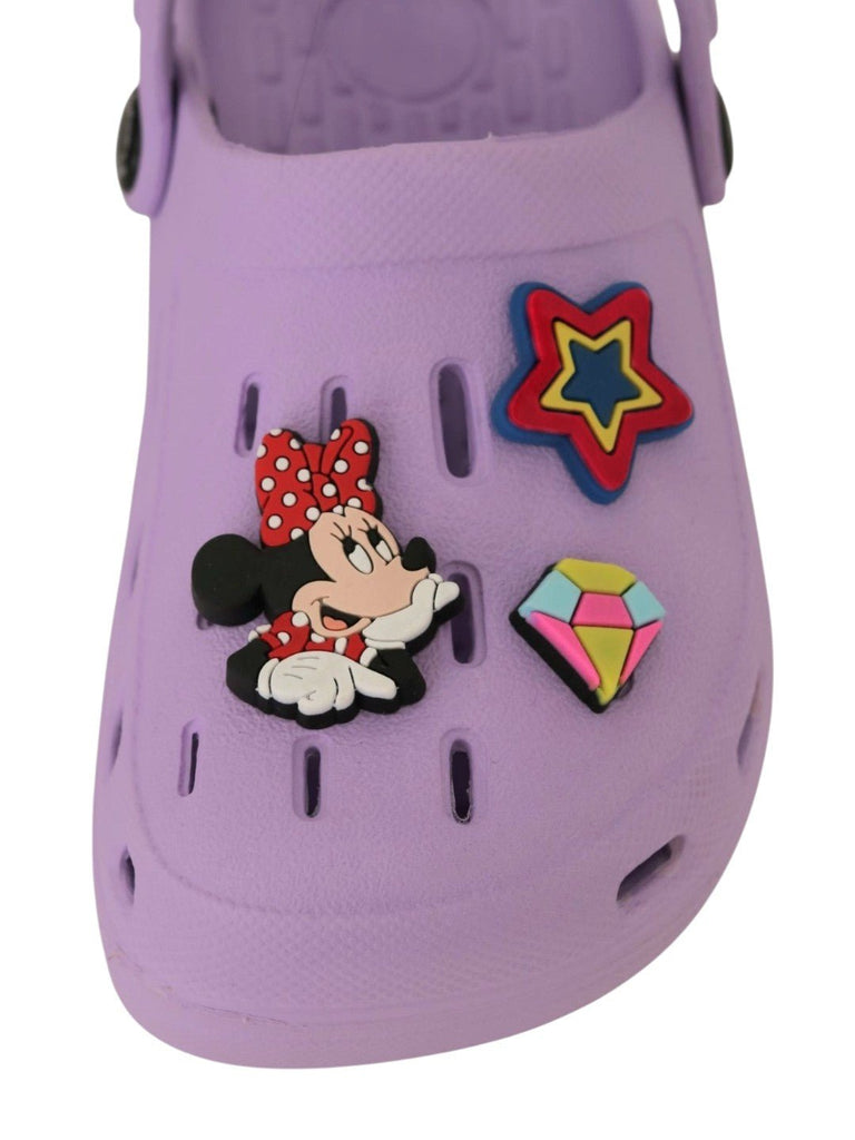Yellow Bee Girls’ Disney Minnie Mouse Clogs with Star & Gem Charms – Purple-Front view-1