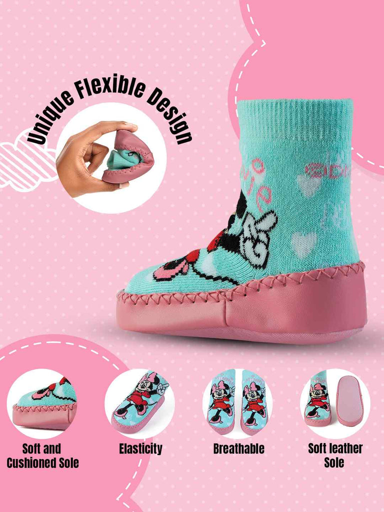 Yellow Bee Girls' Disney Minnie Mouse Cozy Leather Socks - Aqua & Pink-infographic-3