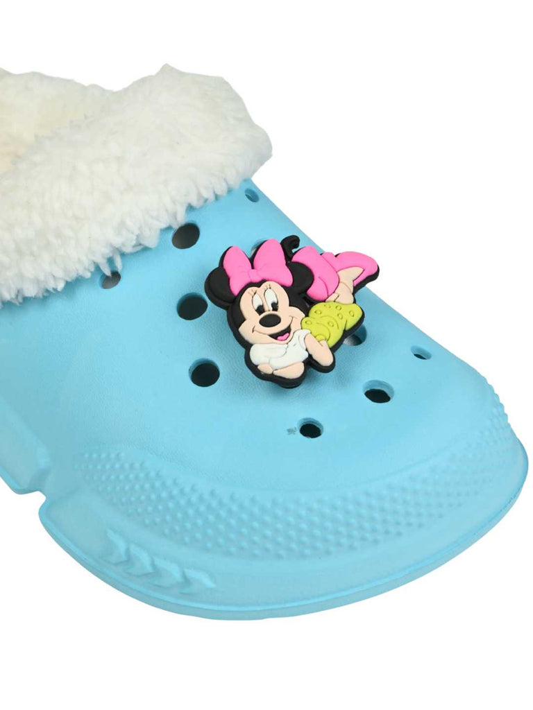 Yellow Bee Girls’ Disney Minnie Mouse Fur Lined Design Winter Clogs With Rotating Charm -Close up view
