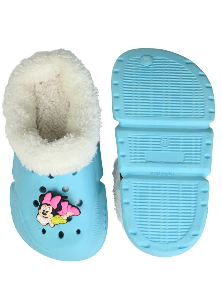 Yellow Bee Girls’ Disney Minnie Mouse Fur Lined Design Winter Clogs With Rotating Charm -front & Back View