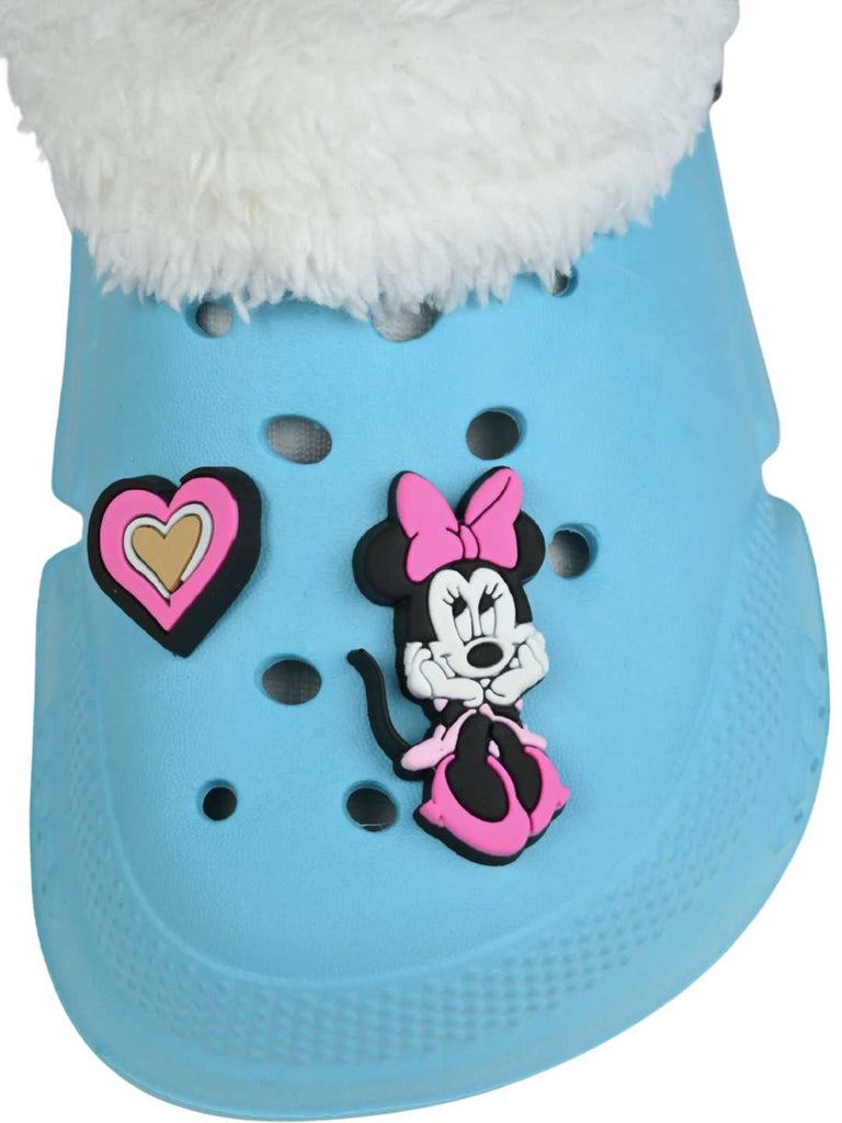 Yellow Bee Girls’ Disney Minnie Mouse Fur Lined Design Winter Clogs with Smile & Heart Charm -Blue-Front View
