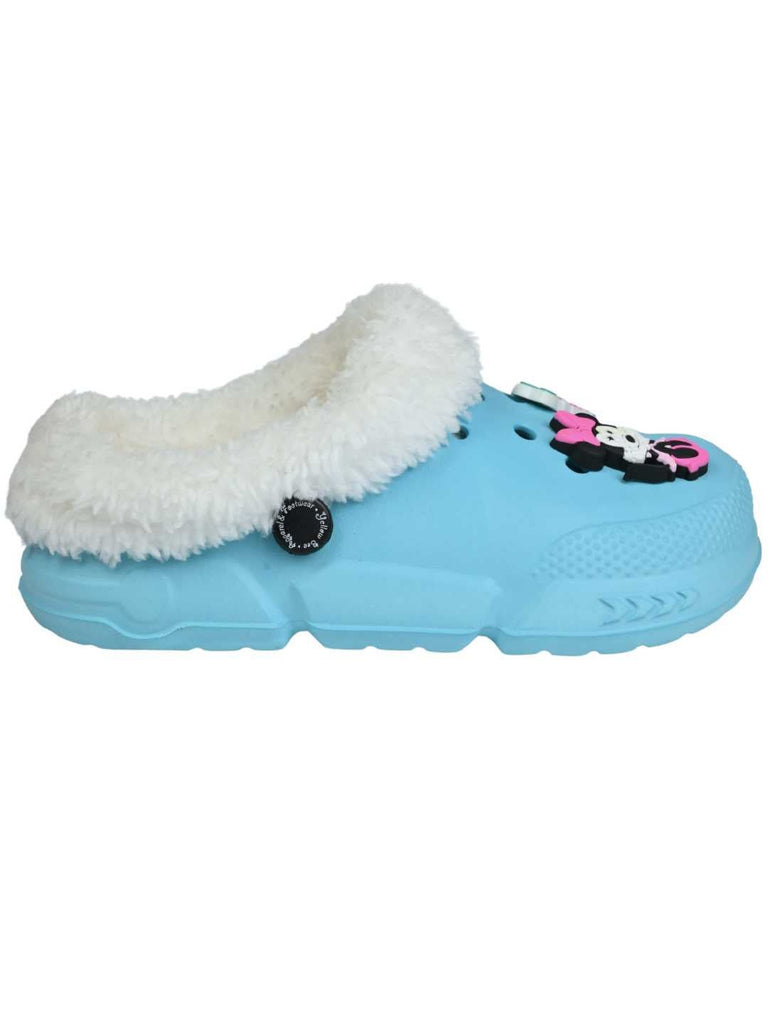 Yellow Bee Girls’ Disney Minnie Mouse Fur Lined Design Winter Clogs with Smile & Heart Charm -Blue-Side View
