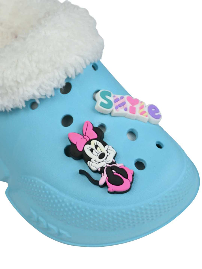 Yellow Bee Girls’ Disney Minnie Mouse Fur Lined Design Winter Clogs with Smile & Heart Charm -Blue-Close up view