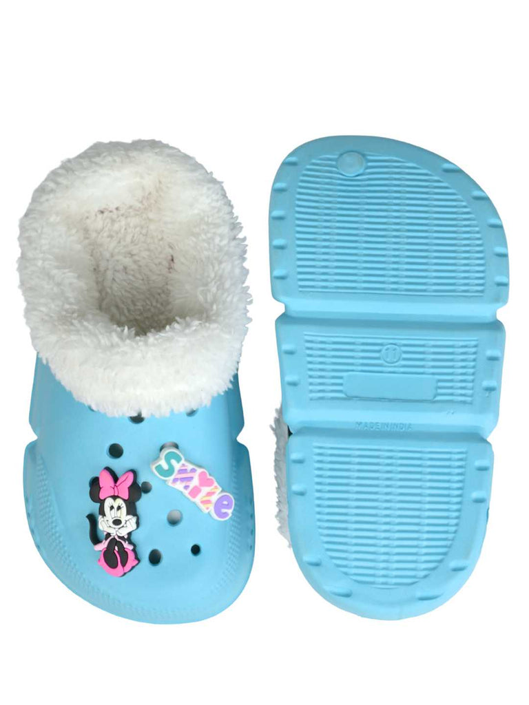 Yellow Bee Girls’ Disney Minnie Mouse Fur Lined Design Winter Clogs with Smile & Heart Charm -Blue-Front & Back View