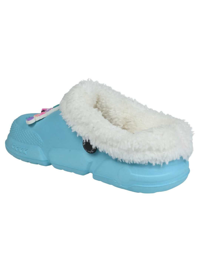 Yellow Bee Girls’ Disney Minnie Mouse Fur Lined Design Winter Clogs with Smile & Heart Charm -Blue-Back View