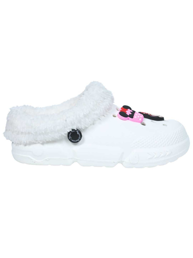 Yellow Bee Girls’ Disney Minnie Mouse Fur Lined Winter Clogs with Bow and Cupcake Charms - White- Side View