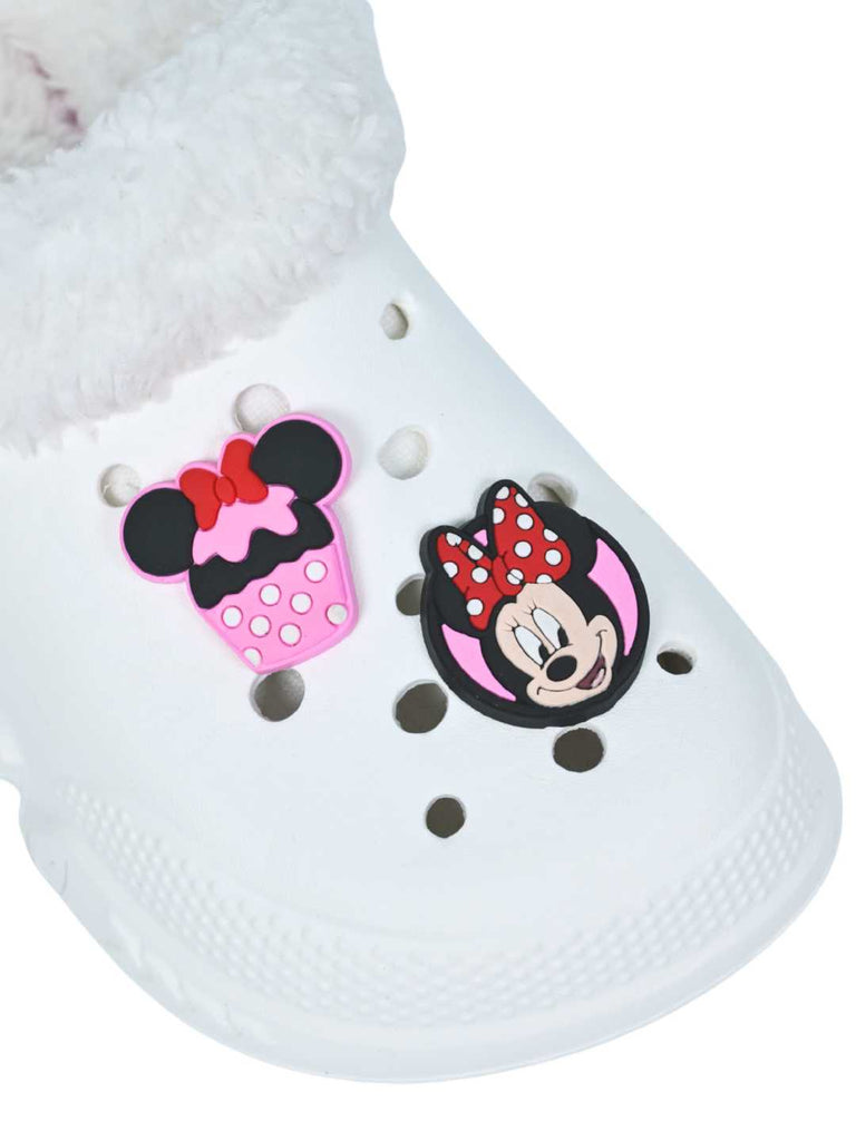 Yellow Bee Girls’ Disney Minnie Mouse Fur Lined Winter Clogs with Bow and Cupcake Charms - White- Close up view