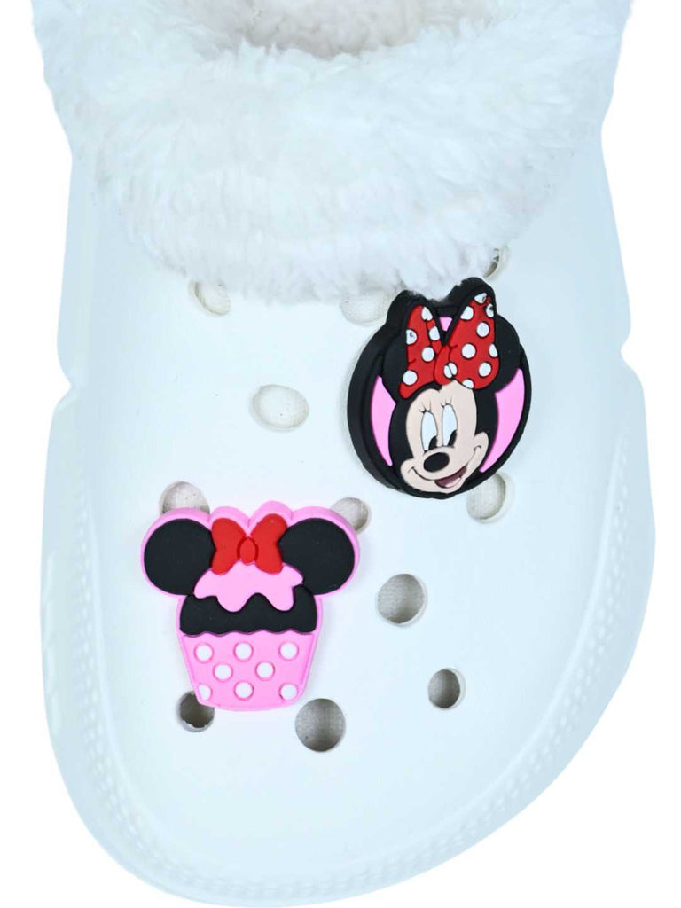 Yellow Bee Girls’ Disney Minnie Mouse Fur Lined Winter Clogs with Bow and Cupcake Charms - White- Front View