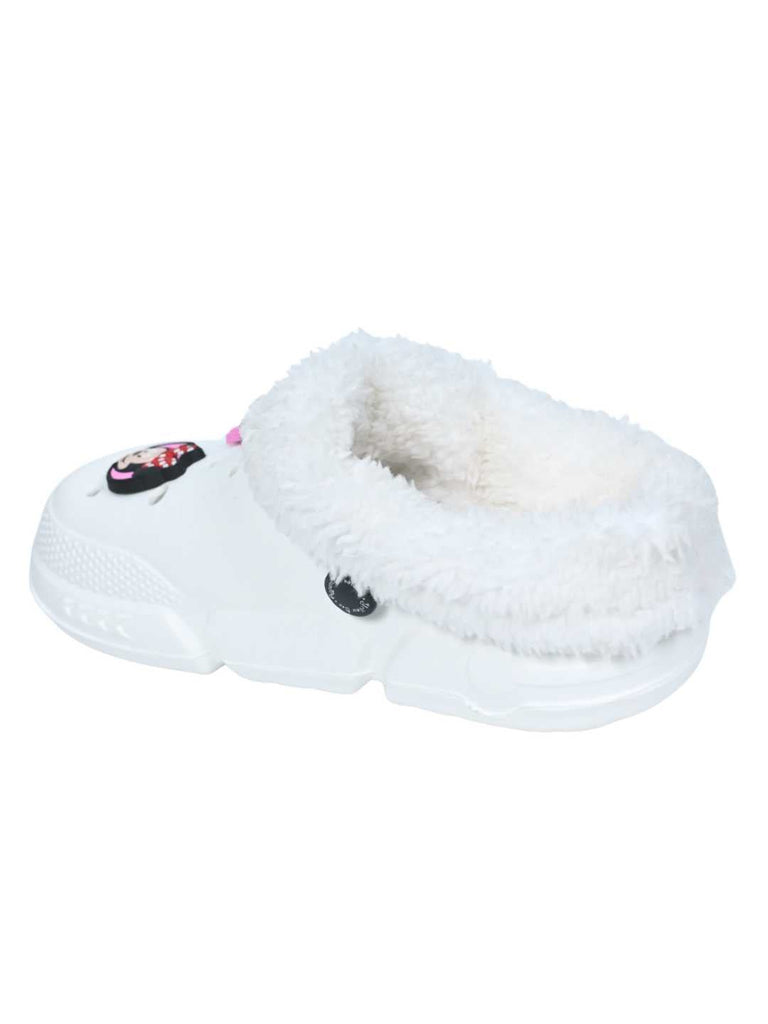 Yellow Bee Girls’ Disney Minnie Mouse Fur Lined Winter Clogs with Bow and Cupcake Charms - White- Back View