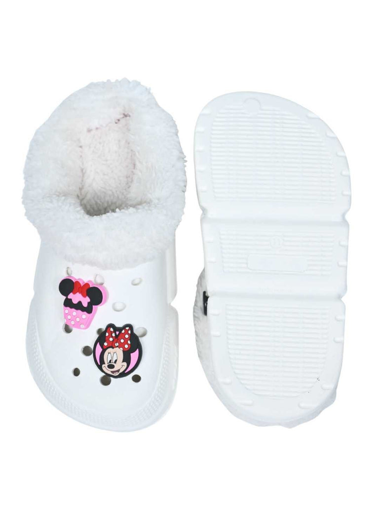 Yellow Bee Girls’ Disney Minnie Mouse Fur Lined Winter Clogs with Bow and Cupcake Charms - White- Front & Back View