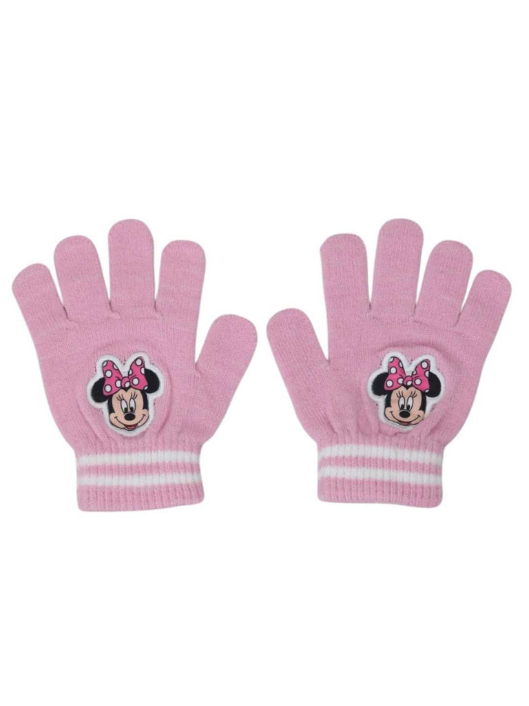 Yellow Bee Girl's Disney Minnie Mouse Pom Pom Winter Hat With Gloves Set- Pink-Full View of Gloves