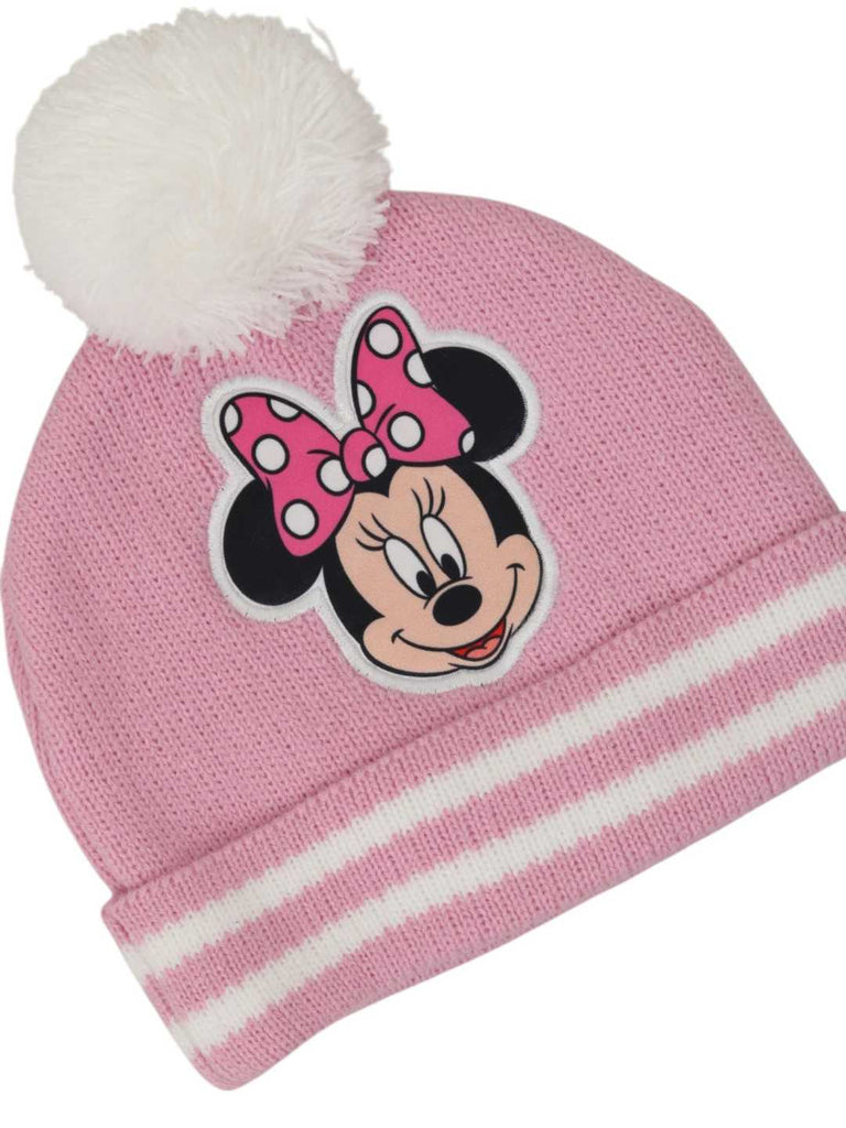 Yellow Bee Girl's Disney Minnie Mouse Pom Pom Winter Hat With Gloves Set- Pink-Close up view