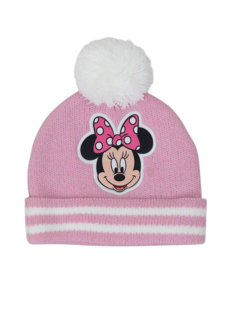 Yellow Bee Girl's Disney Minnie Mouse Pom Pom Winter Hat With Gloves Set- Pink-Front View
