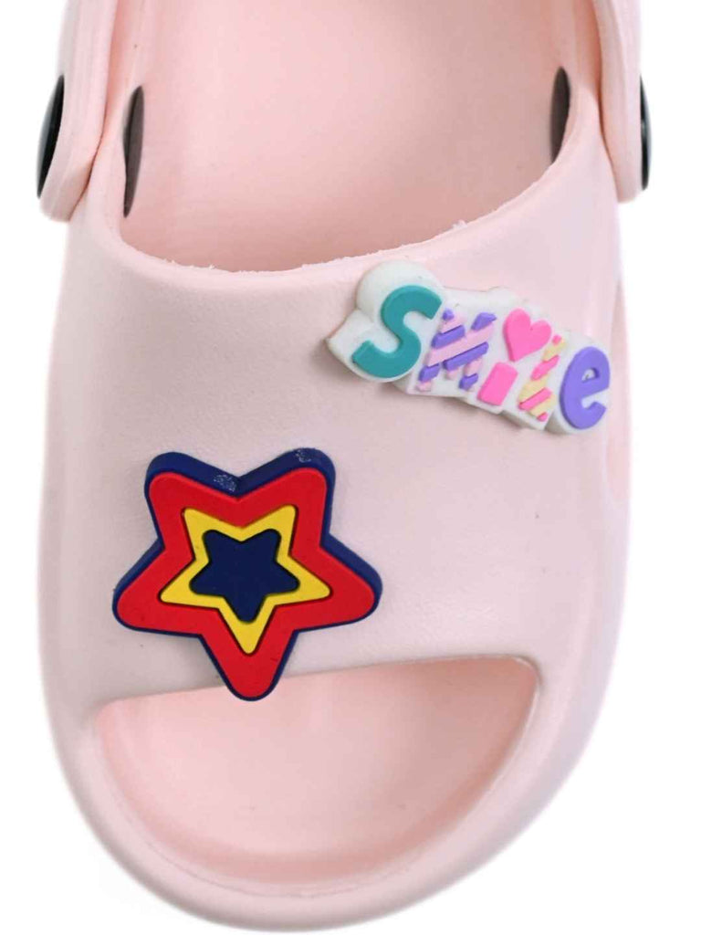 Yellow Bee Girl's Disney Minnie Mouse Sandals with Star, Gem & Smile Charms- Pink-Front View