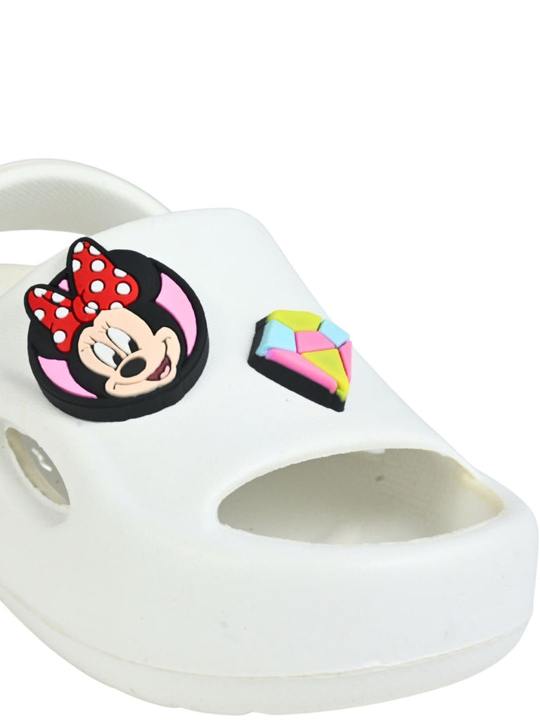 Yellow Bee Girl's Disney Minnie Mouse Sandals with Star, Gem & Smile Charms- White Close Up View