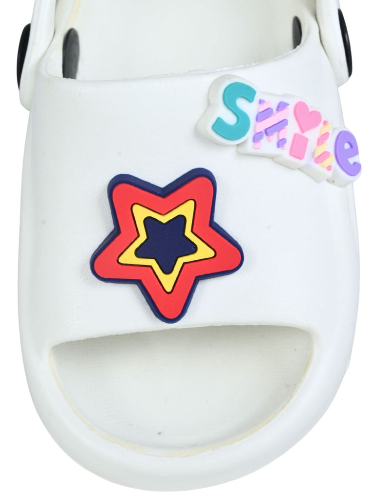 Yellow Bee Girl's Disney Minnie Mouse Sandals with Star, Gem & Smile Charms- White Front View