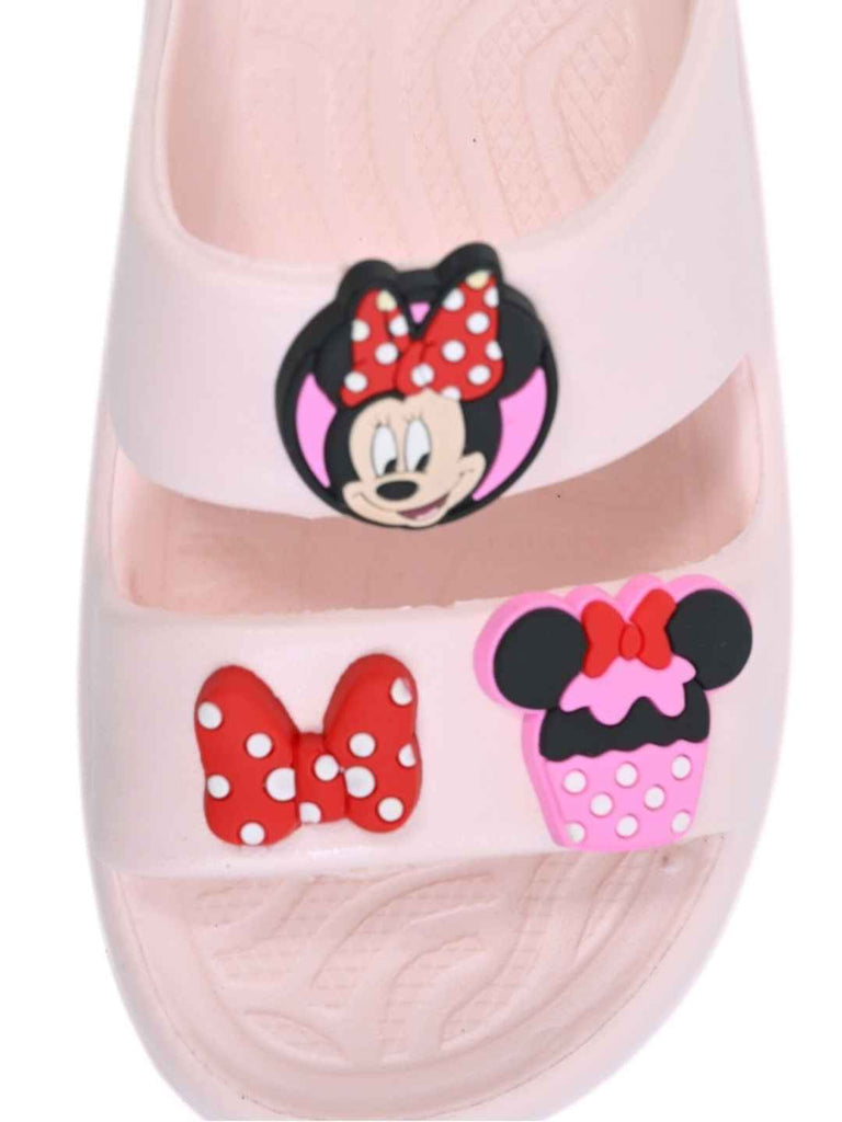 Yellow Bee Girls’ Disney Minnie Mouse Slides with Bow & Cupcake Charms- Pink-Front View