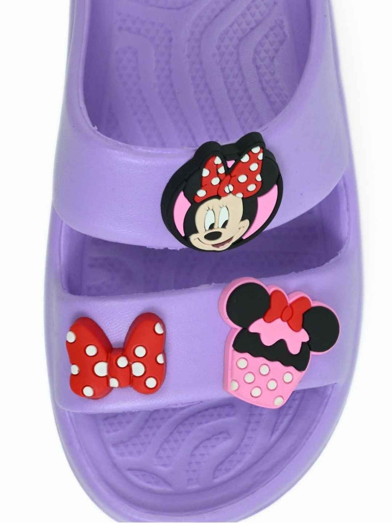 Yellow Bee Girls’ Disney Minnie Mouse Slides with Bow & Cupcake Charms- Purple-Front View