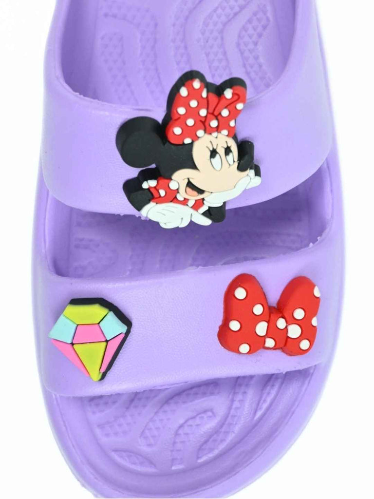 Yellow Bee Girls Disney Minnie Mouse Slides with Bow & Gem Charms- Purple-Front View