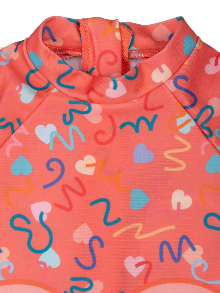 Yellow Bee Girls’ Disney Minnie Mouse One-Piece Swimsuit – Pink with Heart & Polka Dot Print-Front Close Up View