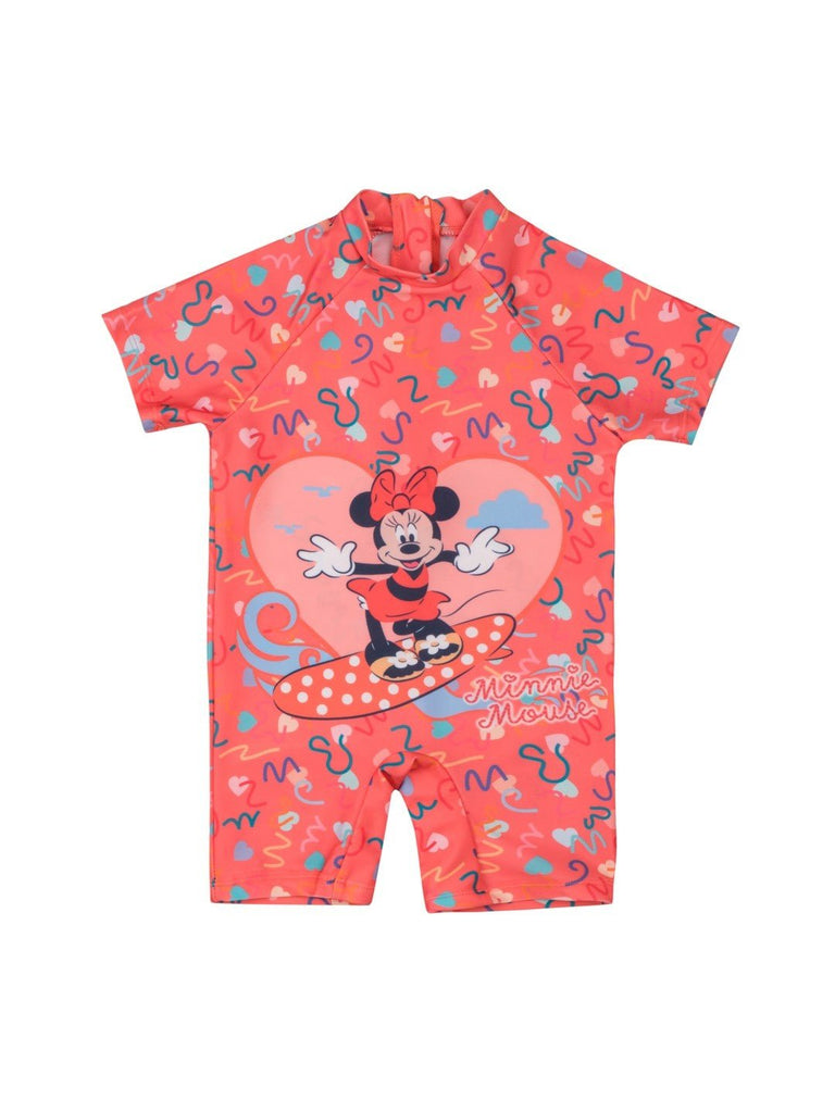 Yellow Bee Girls’ Disney Minnie Mouse One-Piece Swimsuit – Pink with Heart & Polka Dot Print-Front View