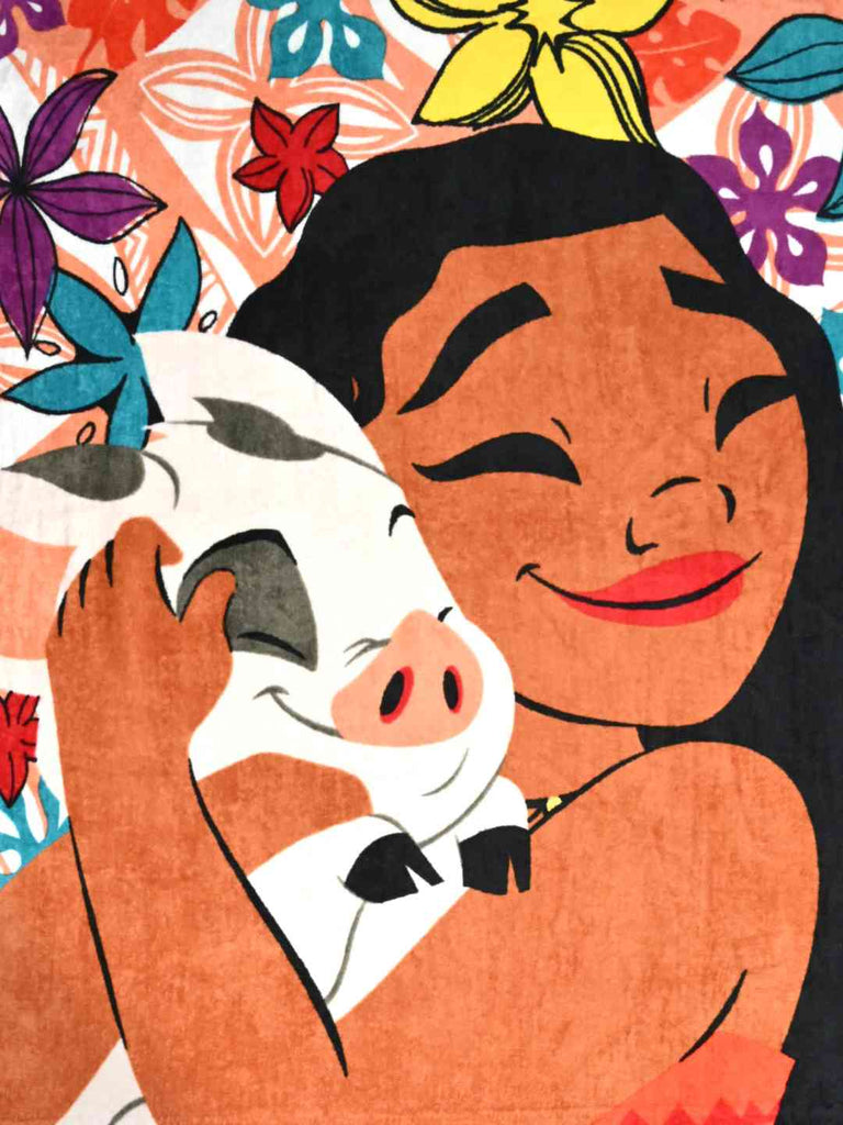 Yellow Bee Girls’ Disney Moana Bath Towel Tropical Floral Design with Pua the Pig (400 GSM ) - Brown, 30 X 62 Inches-Close up view
