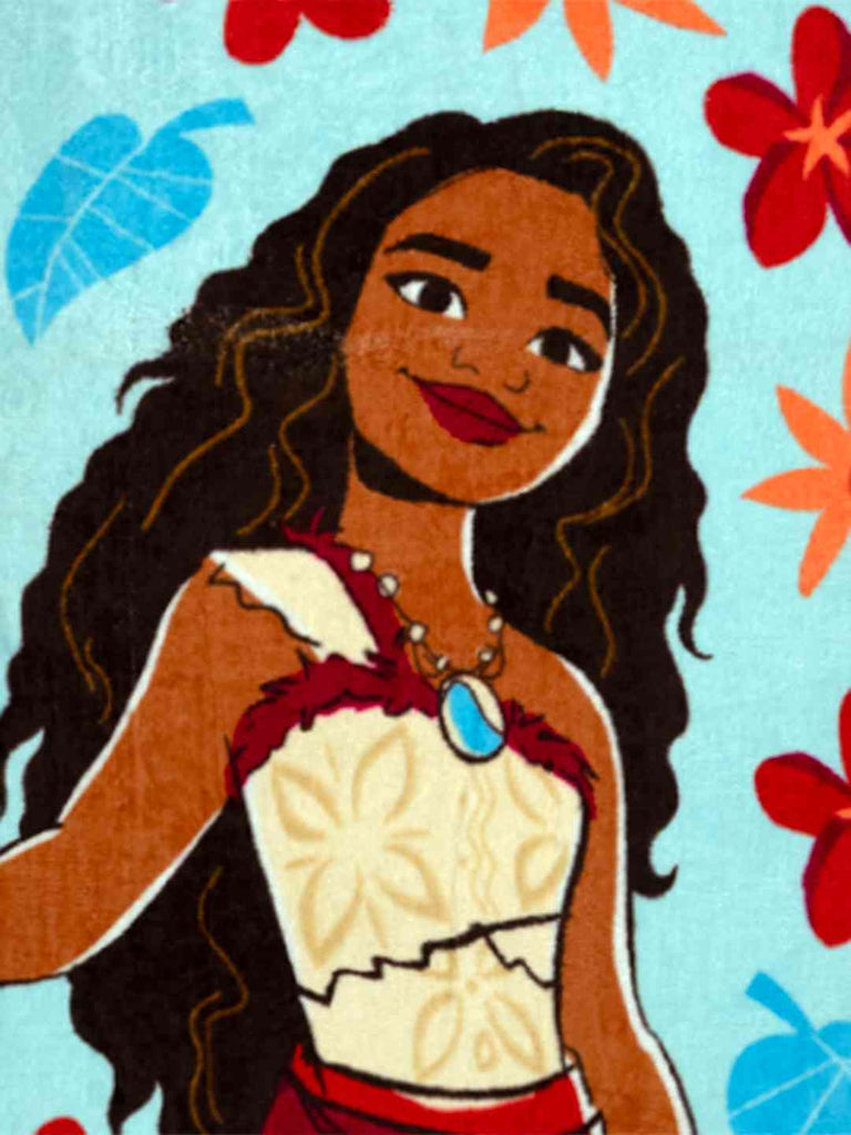 Yellow Bee Girls Disney Moana Bath Towel With Paddle & Flower Motifs Design (300 GSM) - Multi, 28" X 58- Close up view