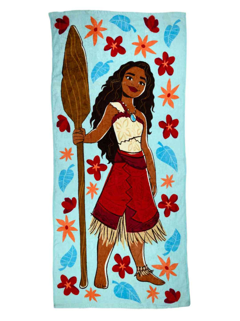 Yellow Bee Girls Disney Moana Bath Towel With Paddle & Flower Motifs Design (300 GSM) - Multi, 28" X 58- Full View