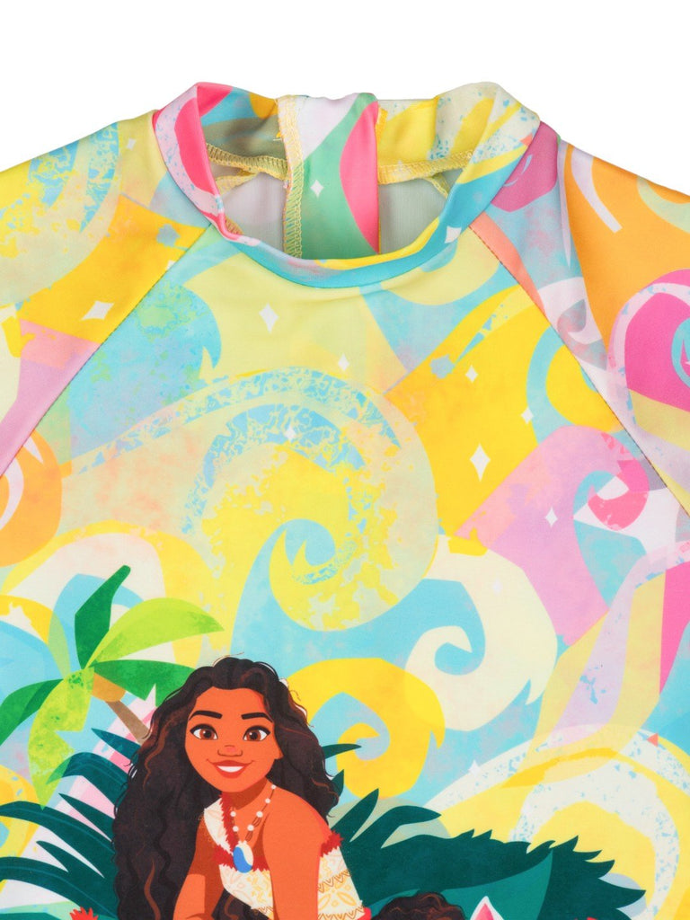 Yellow Bee Girls’ Disney Moana Swimsuit – Colorful One-Piece with Ocean Design-Front Close up view