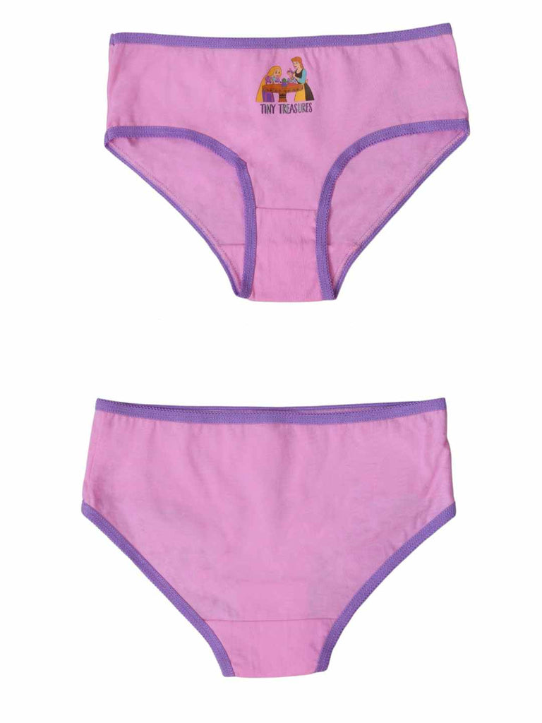 Purple Disney Princess girls’ brief with “Tiny Treasures” print, front and back views.
