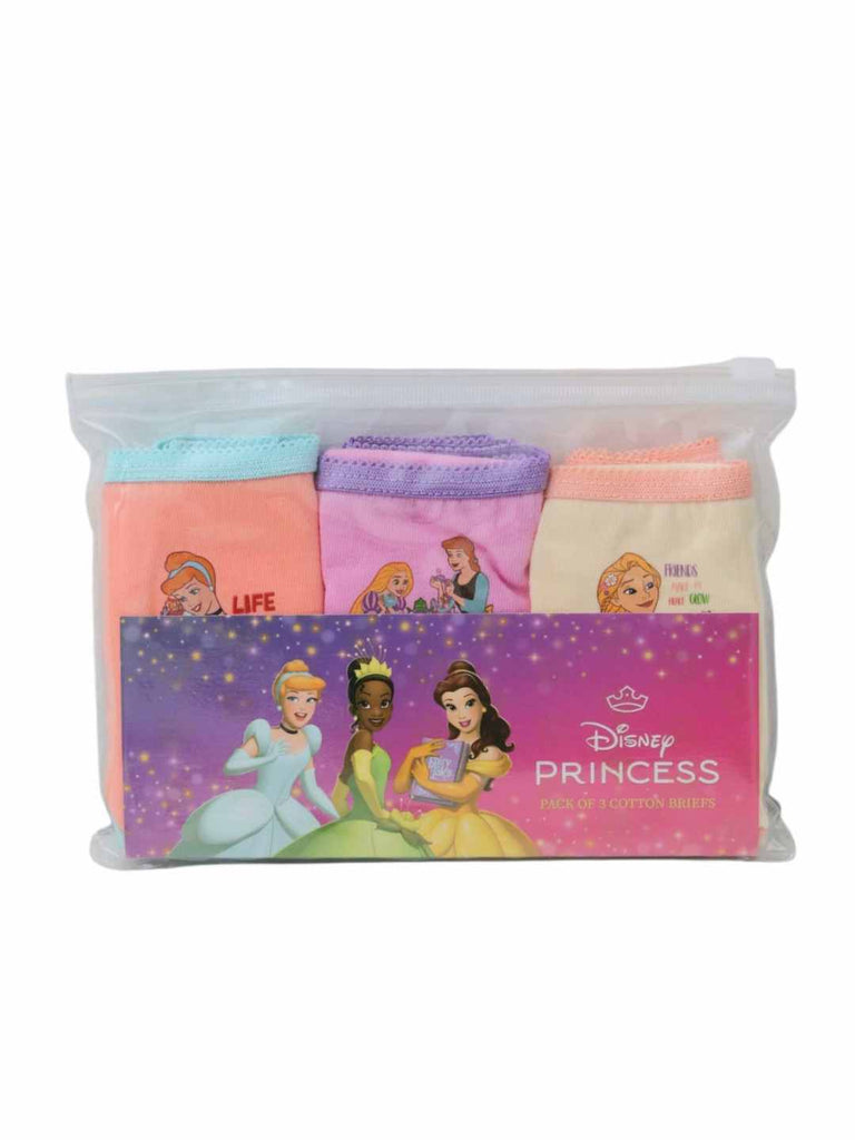 Front of zipper‑pouch packaging for Disney Princess girls’ briefs 3‑pack with princess artwork.