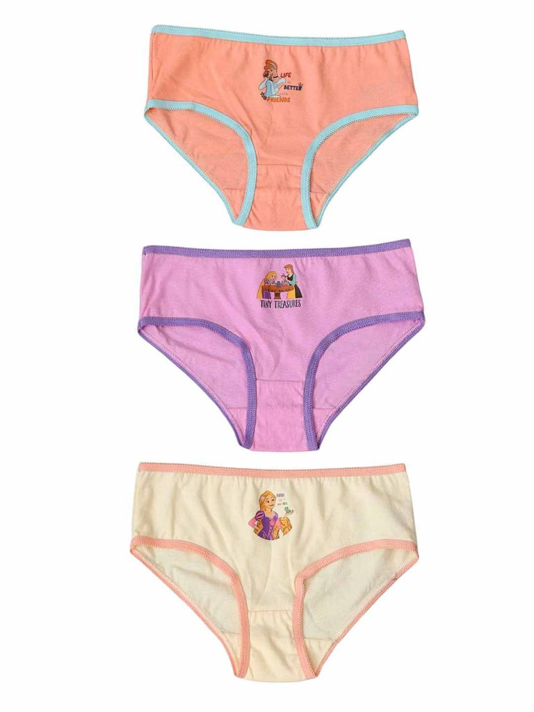 Flat‑lay of three Disney Princess cotton briefs on a light blue background showing colors and prints.