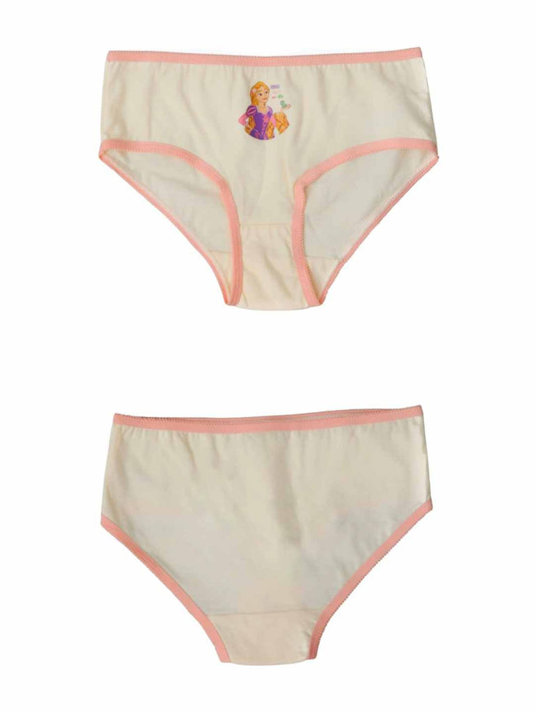 Cream Disney Princess girls’ brief with Rapunzel graphic, front and back views.
