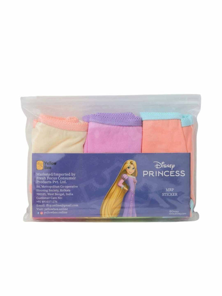 Back of packaging for Disney Princess girls’ briefs 3‑pack featuring Rapunzel artwork and product details.