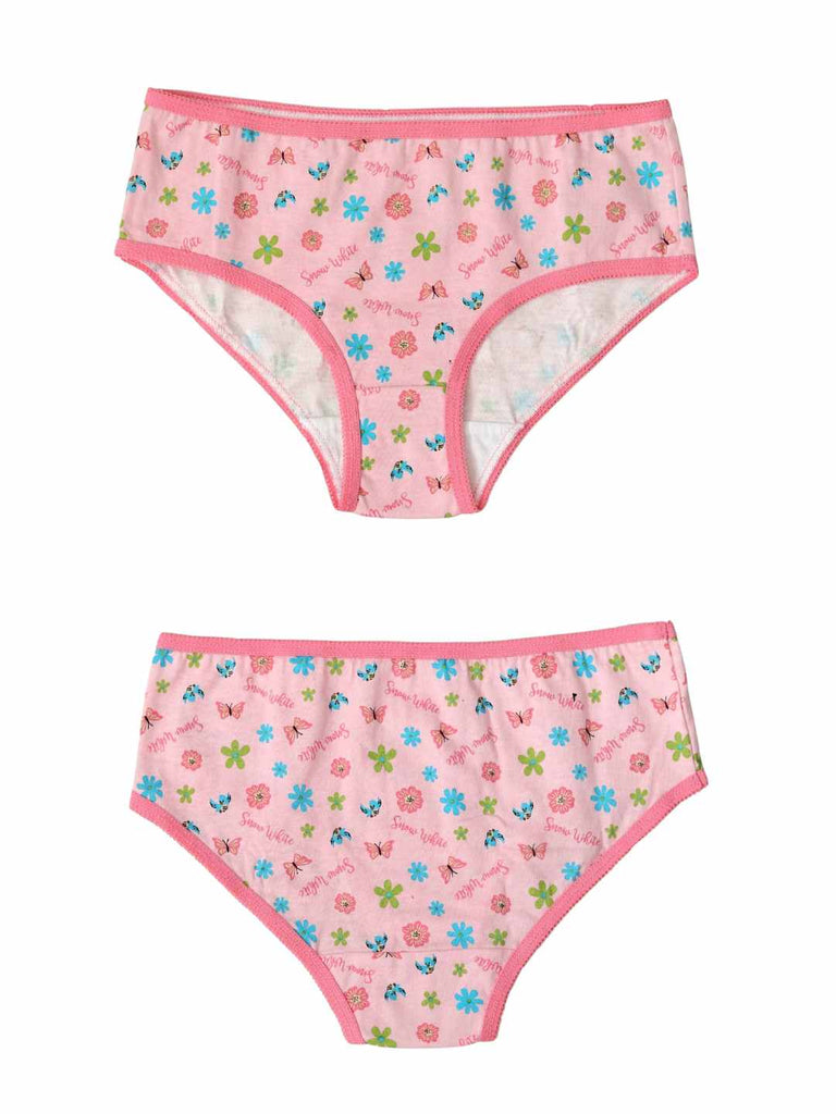Pink floral Disney Snow White girls’ brief with butterflies, birds, and “Snow White” script, front and back views.