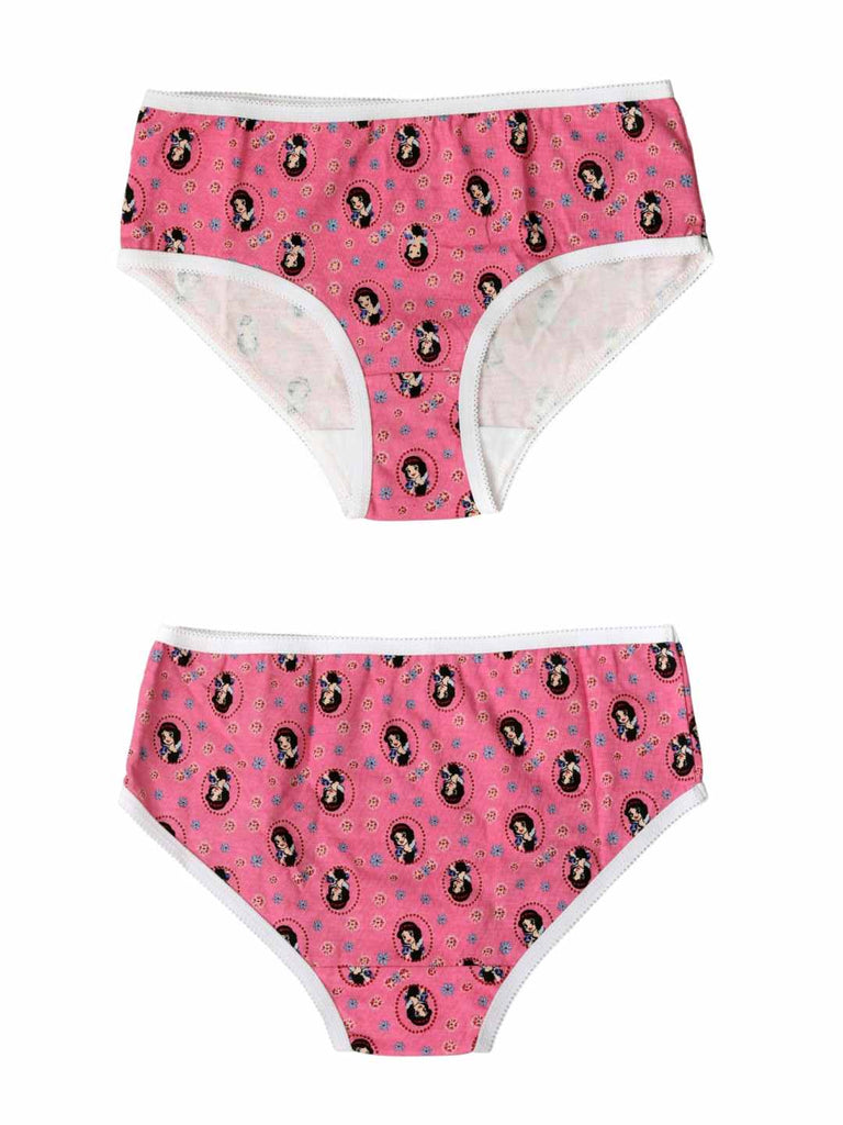Pink Disney Snow White girls’ brief with all‑over cameo and daisy print, front and back views.