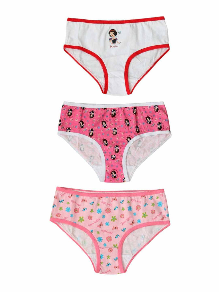 Flat‑lay of three Disney Snow White cotton briefs on a yellow background showing prints and colours.