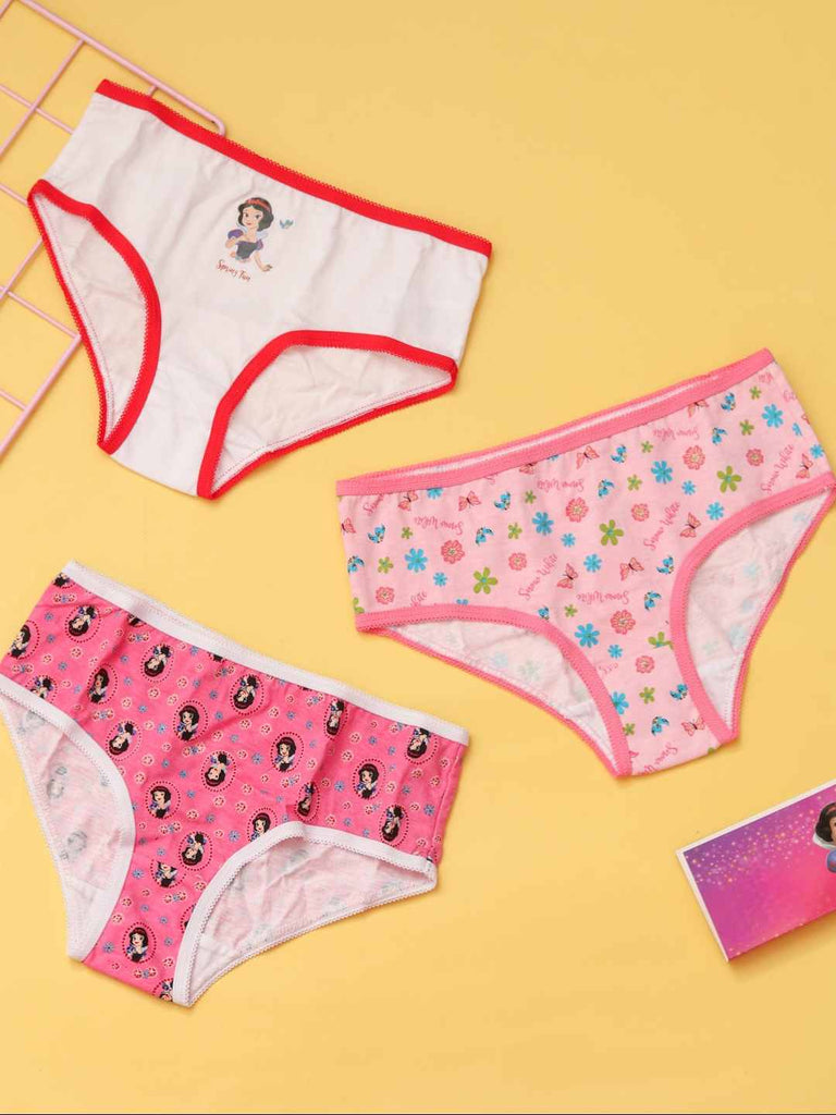 Three‑pack of Disney Princess Snow White girls’ cotton briefs: white with red trim, pink all‑over cameo print, and pink floral print, front view.