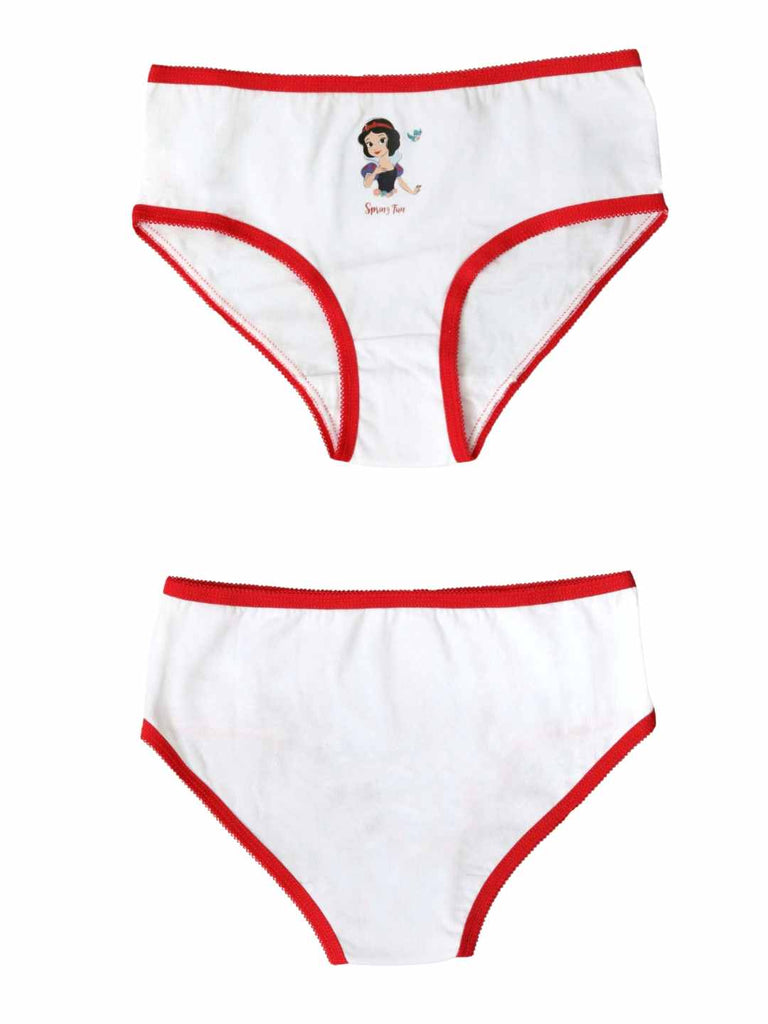 White Disney Snow White girls’ brief with red trim and character graphic, front and back views.