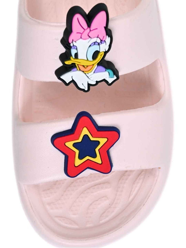 Yellow Bee Girls’ Disney Sandals – White Minnie & Daisy Duo with Heart & Star Charms- Front View