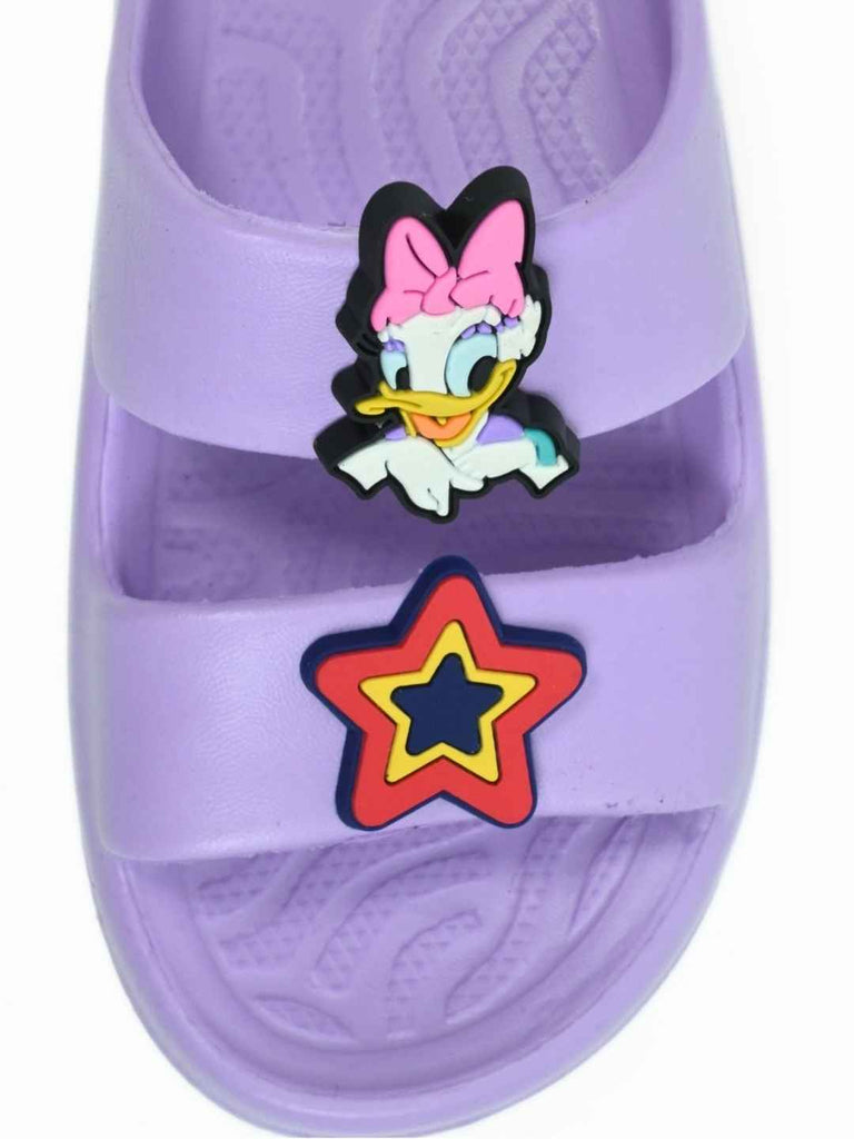 Yellow Bee Girls’ Disney Slides – Purple Minnie & Daisy Duo with Star & Heart Charms-Front View