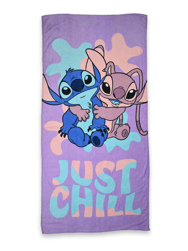 Yellow Bee Girls Disney Stitch & Angel Bath Towel With  “Just Chill” Design (400 GSM) - Purple, 28" X 58"- Front View