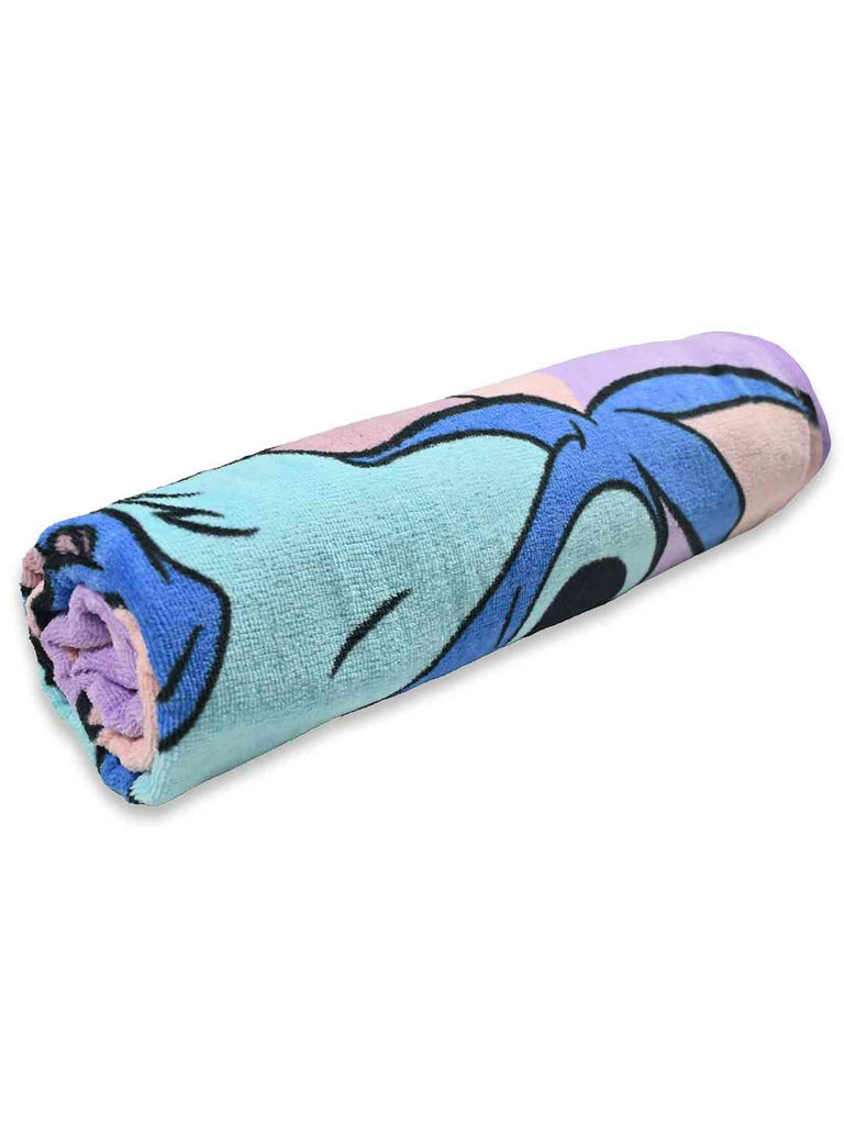 Yellow Bee Girls Disney Stitch & Angel Bath Towel With  “Just Chill” Design (400 GSM) - Purple, 28" X 58"- Folding View