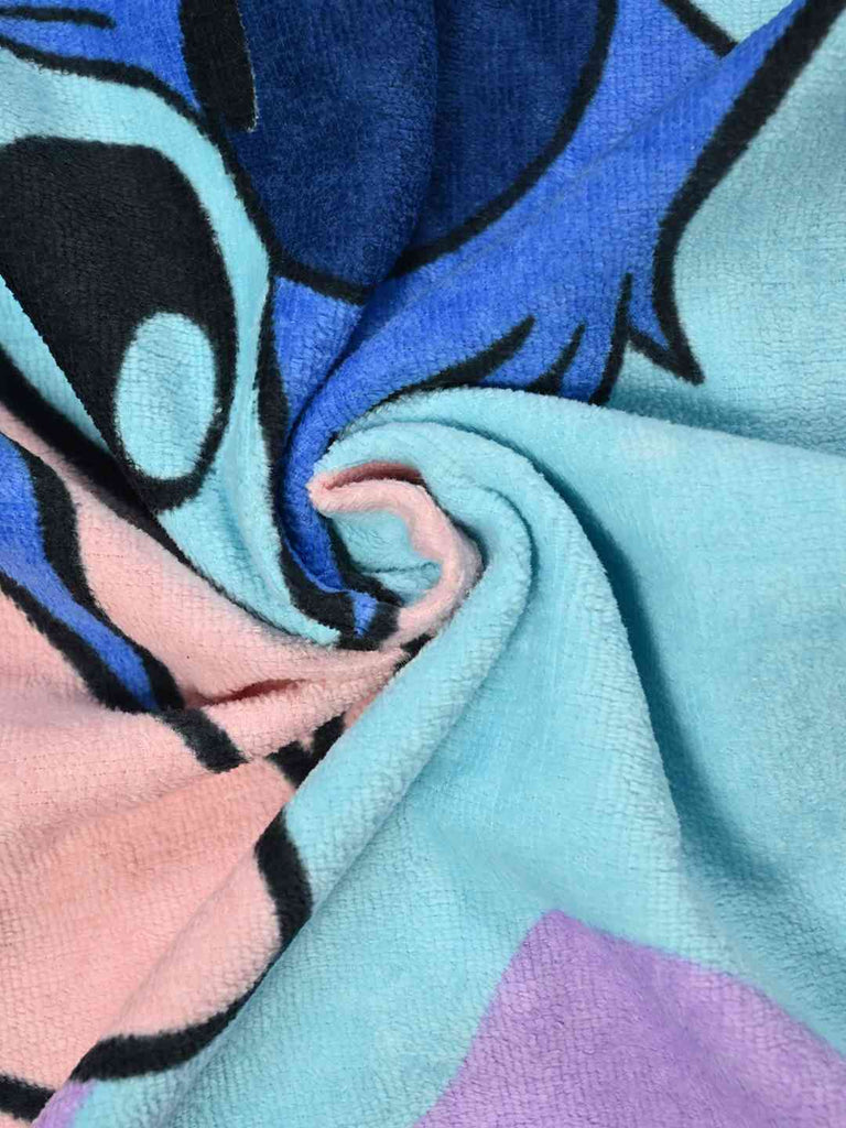 Yellow Bee Girls Disney Stitch & Angel Bath Towel With  “Just Chill” Design (400 GSM) - Purple, 28" X 58"- Showing Fabric View
